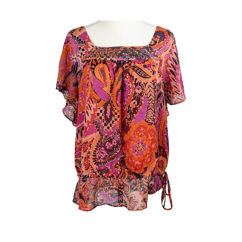 Apt 9 Large Womens Blouse Short Sleeve Ruffle Lined Red Purple